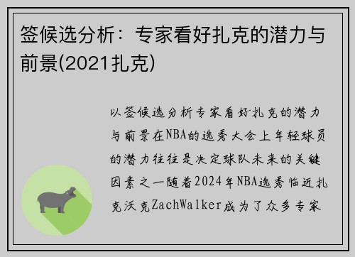 签候选分析：专家看好扎克的潜力与前景(2021扎克)