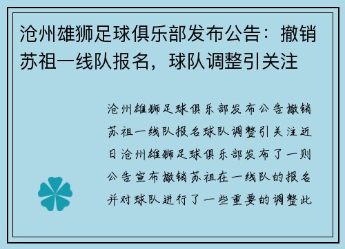 沧州雄狮足球俱乐部发布公告：撤销苏祖一线队报名，球队调整引关注