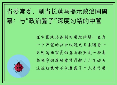 省委常委、副省长落马揭示政治圈黑幕：与“政治骗子”深度勾结的中管干部们