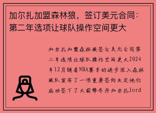 加尔扎加盟森林狼，签订美元合同：第二年选项让球队操作空间更大